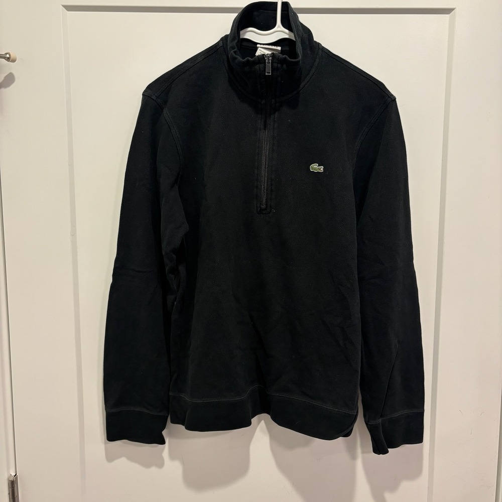 Lacoste Mens Black Pique Quarter Zip Pullover Sweatshirt Size 3 Logo Back Neck